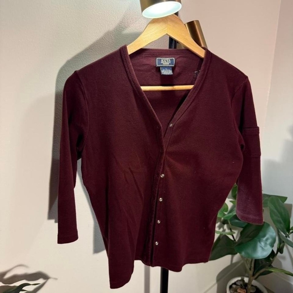 Bass vintage cardigan 3/4 sleeve‎ button grandmacore frugal chic nerd sweater lg